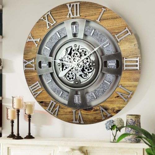 The Gears Clock 36'' Inch Real Moving Gear Wall Clock England Line Wood & Stone