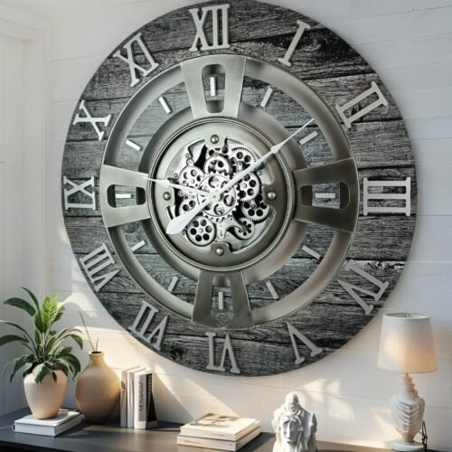 The Gears Clock ENGLAND LINE WALL CLOCK ROUND 24 INCH CARBON GREY