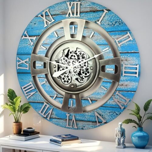 The Gears Clock ENGLAND LINE WALL CLOCK ROUND 24 INCH OCEAN BLUE