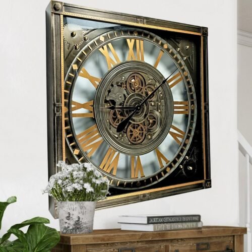 The Gears Clock LUXEMBOURG LINE WALL CLOCK SQUARE 32 INCH "HAUPT" SILVER-ANTIQUE