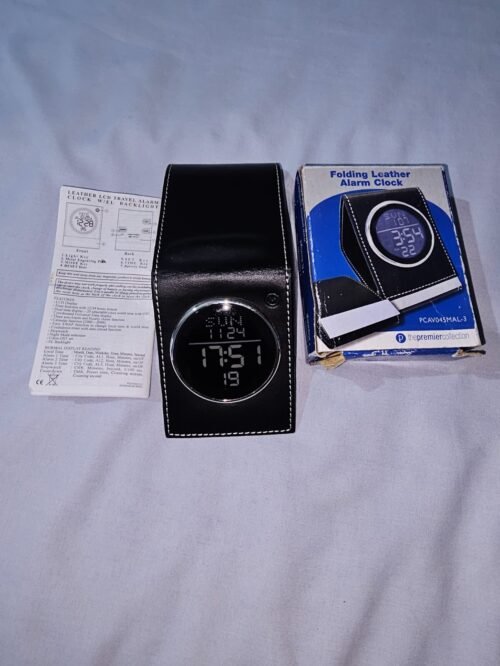 THE PREMIER COLLECTION DIGITAL LCD TRAVELLING FOLDING BLACK LEATHER ALARM CLOCK
