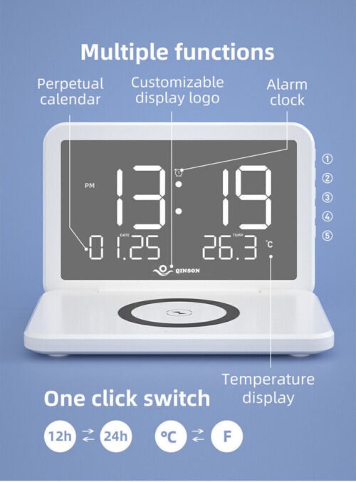 Thermometer Table Digital LED Electric Alarm Clock With Phone Wireless Charger