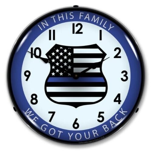 The Thin Blue Line Police Officer Backlit LED Lighted Man Cave Wall Clock NEW