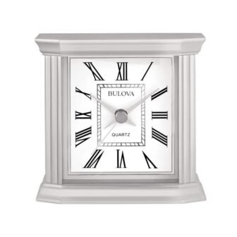 The Wilton tabletop clock in silver with Roman numerals and metal case....
