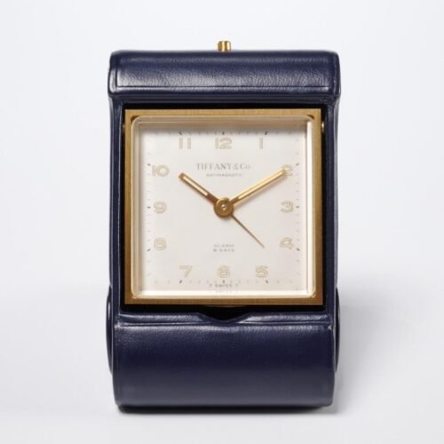Tiffany and Co Swiss Made Manual Wind Up Travel Alarm Clock Blue Leather Case
