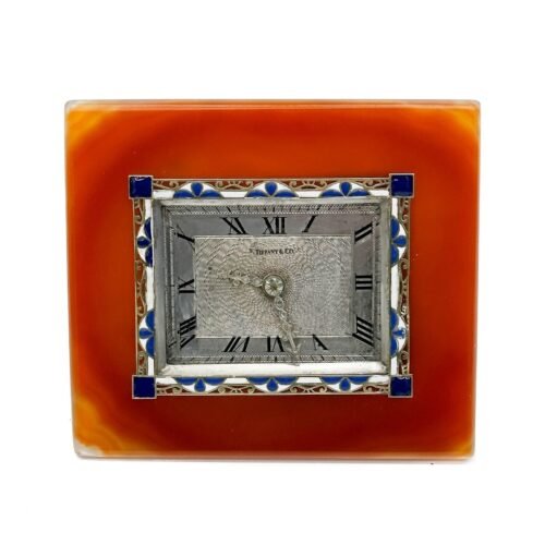 Tiffany & Co Sterling Silver Agate Enameled Gold & Diamonds Desk Clock c 1920
