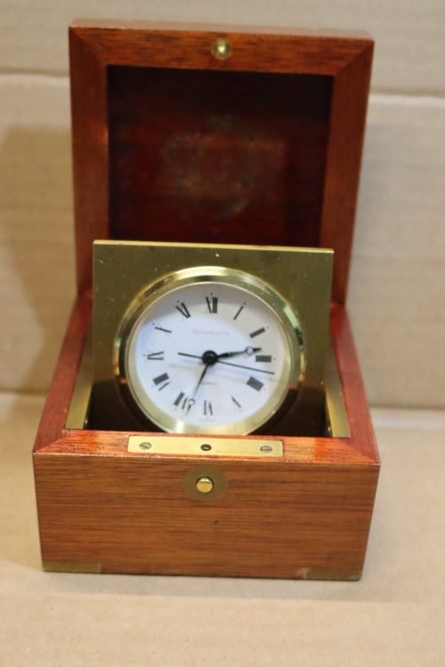 TIFFANY & Co. Vintage Swing Desk Clock Mahogany/Brass Box Swiss Quartz - Working