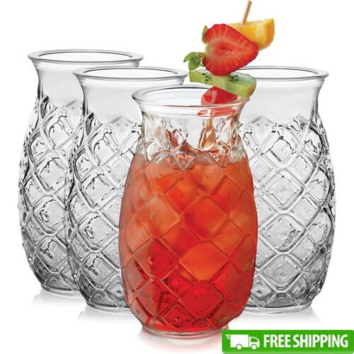 Tiki Pineapple Glasses Set of 4 Tropical Cocktail Drinkware Summer Parties New