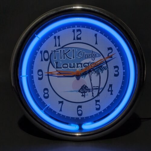 Tiki Study Lounge Neon Blue Lighted 12" Wall Clock for Bar Man Cave w/Power Cord