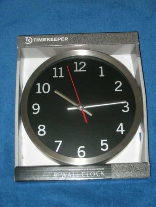 Timekeeper 2253B 9 in. Round Brushed Metal Rim Hand Quartz Wall Clock, New!