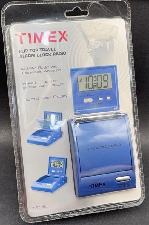 Timex Flip Top Travel Alarm Clock Radio Lighted Blue Model T315L NEW SEALED NOS