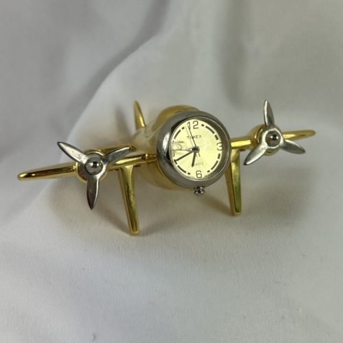 Timex Miniature Desk Clock Paperweight Brass Airplane 3x4” WORKS Tested