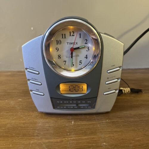 Timex Retro Silver Alarm Clock AM/FM Radio W/ Digital Radio Display Model T318S