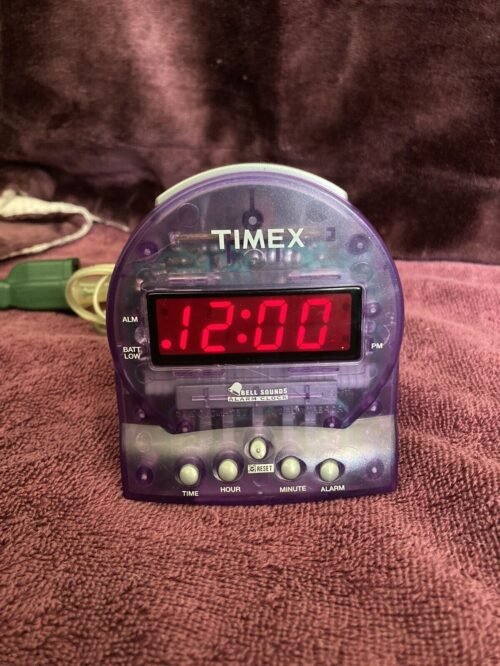 Timex T112P Digital Alarm Clock Transparent Purple Retro Battery Backup Working