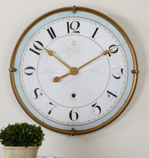 TORRIANA 32" ANTIQUED GOLD METAL ROUND WALL CLOCK LARGE NUMBERS AGED IVORY FACE