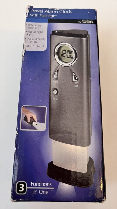 Totes Digital Travel Alarm Clock LCD Clock Pop Up Night Light Flashlight New