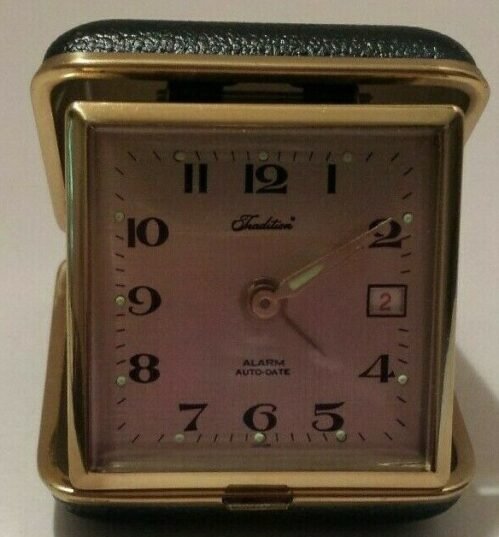 TRADITION Alarm Clock in Folding Black Case w/Gold Trim Alarm & Auto Date NICE