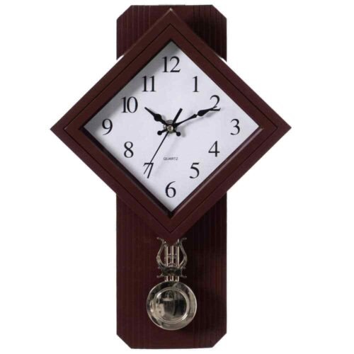 Traditional Brown Square Wood- Looking Pendulum Plastic Wall Clock