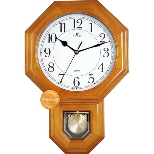 Traditional Schoolhouse Solid Wood Pendulum Wall Clock Chimes Hourly with Wes...
