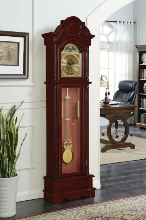 TRADITIONAL STYLE BROWN CHERRY FINISH CHIMING BATTERY POWERED GRANDFATHER CLOCK