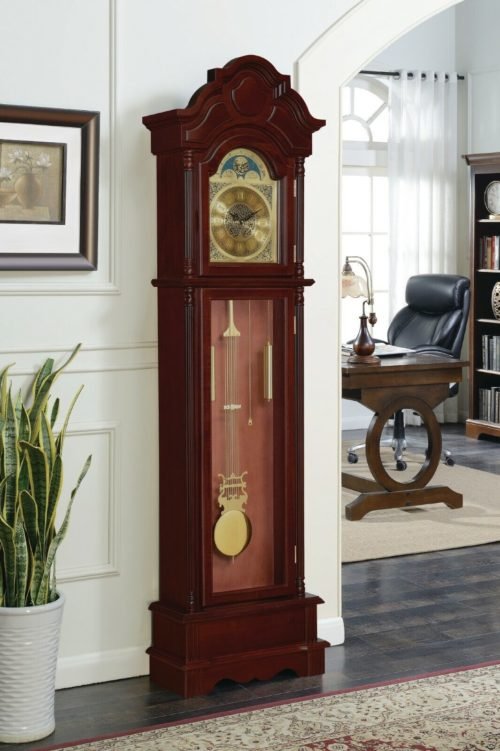TRADITIONAL STYLE BROWN CHERRY FINISH CHIMING BATTERY POWERED GRANDFATHER CLOCK
