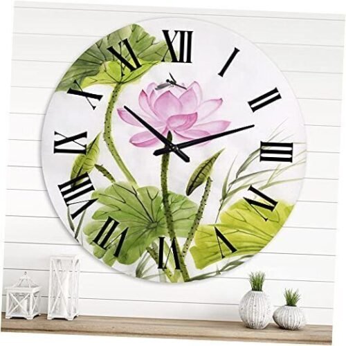 Traditional Wall Clock 'Single Vintage Lotus Flower with Green 29x29 Pink