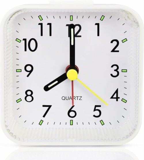 Travel Alarm Clock - Silent Analog, Battery Operated, No Ticking, with Light
