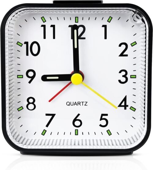 Travel Alarm Clock - Silent Analog, Battery Operated, No Ticking, with Light