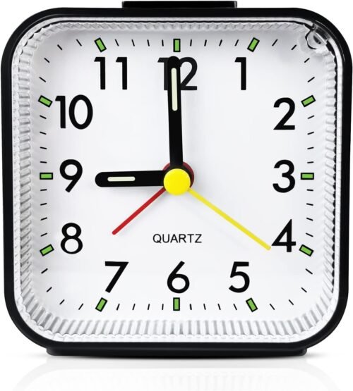 Travel Alarm Clock - Silent Analog, Battery Operated, No Ticking, with Light