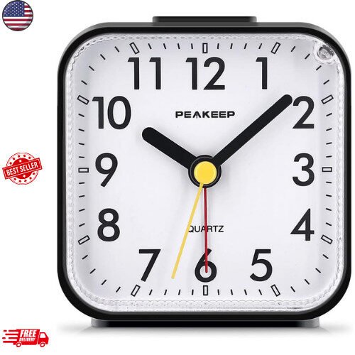 Travel Alarm Clock - Silent Analog, Battery Operated, No Ticking, with Light