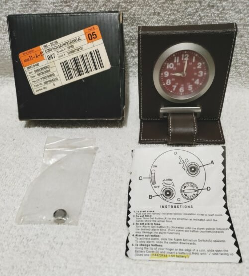 Travel Alarm Clock Compact Folding Leather Look Brown Case w/Instructions