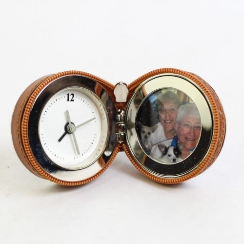 Travel Alarm Clock With Picture Frame Round Design Brown Leather Case