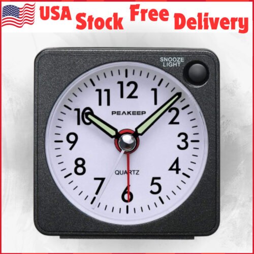 Travel Alarm Clock with Snooze & Light, Silent, No Ticking Analog Quartz, Black
