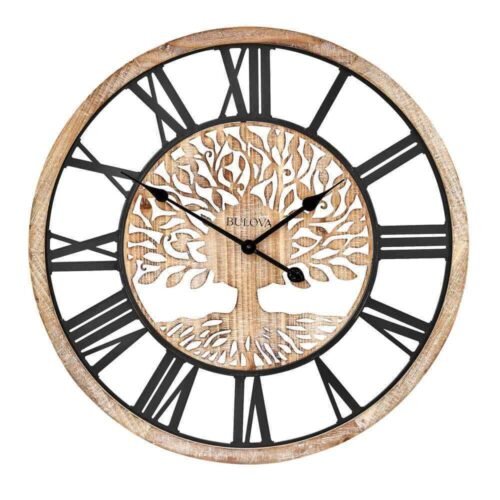 Tree of Life oversized 26.75 in. wall clock with a wood grain case, Roman numera