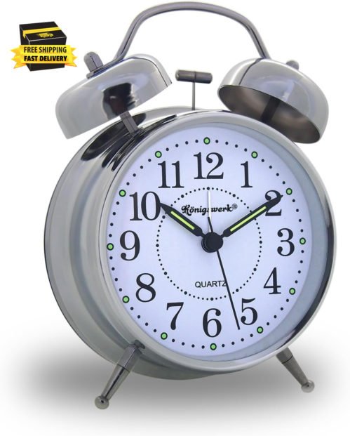 Twin Bell Loud Alarm Clock, 4 Inches Silent Desk Clock with Backlight for Heavy