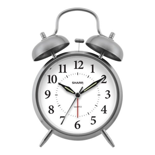 Twin Bell Quartz Analog Alarm Clock, Silver Brushed Metal, Battery Operated