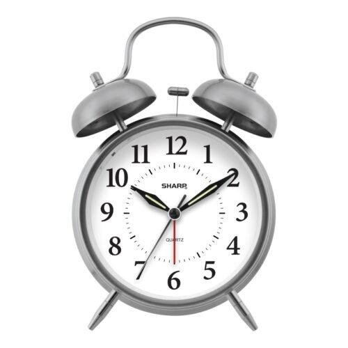 Twin Bell Quartz Analog Alarm Clock, Silver Brushed Metal, Loud Alarm