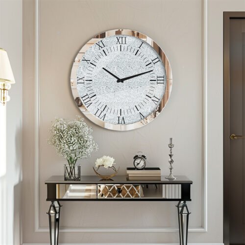 Twinkle Crystal Diamond Wall Hanging Clock with Silver Bevels Edging Home Decor