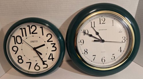 Two Green Spartus Quartz Round Wall Clocks Analog Both Work Great