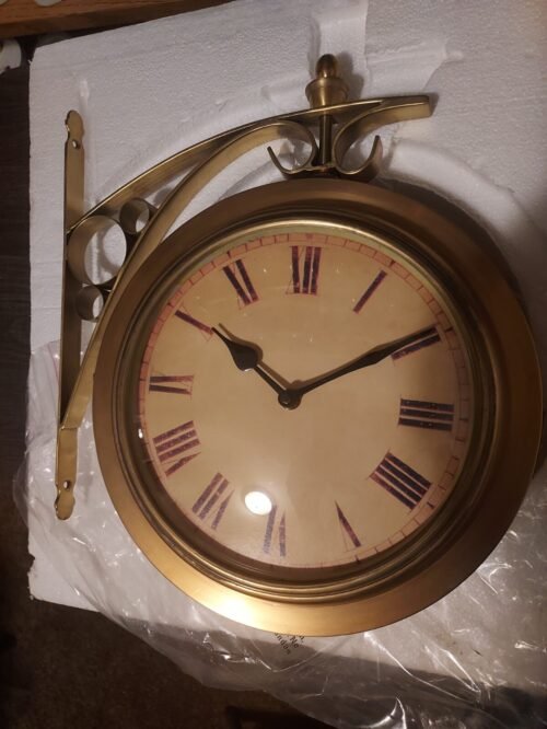 Two Sided Hanging Clock Gold Tone Metal 7 3/4 inch clocks