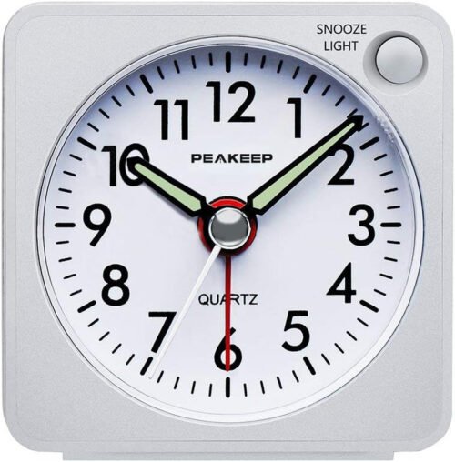 Ultra Small Silent Analog Quartz Alarm Clock with Snooze & Light, White New