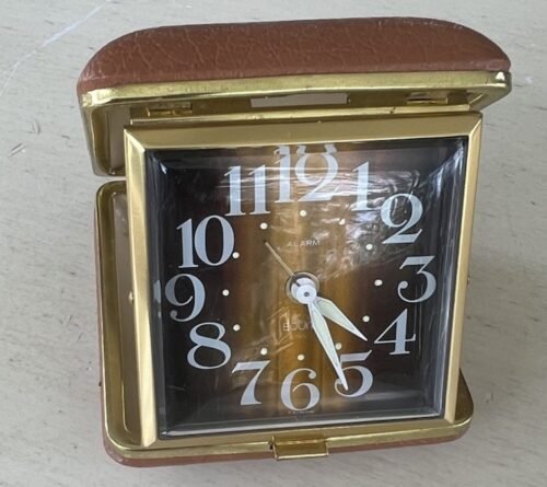Unique Brown Faced MCM Art Deco Equity Travel Alarm Clock Glow in the Dark Hands