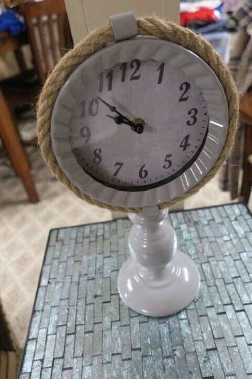 Unique! Free-Standing Table -Top Clock with Gray Metal with Brown real rope Trim