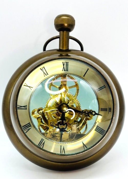 Unique Nautical Hanging Brass Clock Magnifying Glass Quartz 8" x 5"