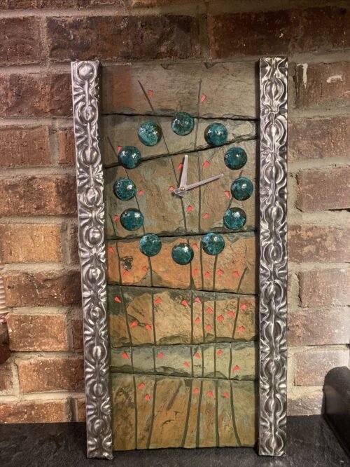 Unique OOAK Slate Tile Hanging Wall Clock W/ Abstract Floral Design- See Pics!