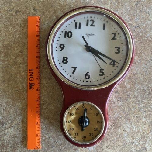Unique Retro dark Red Kitchen Clock With Timer, Works Great!!