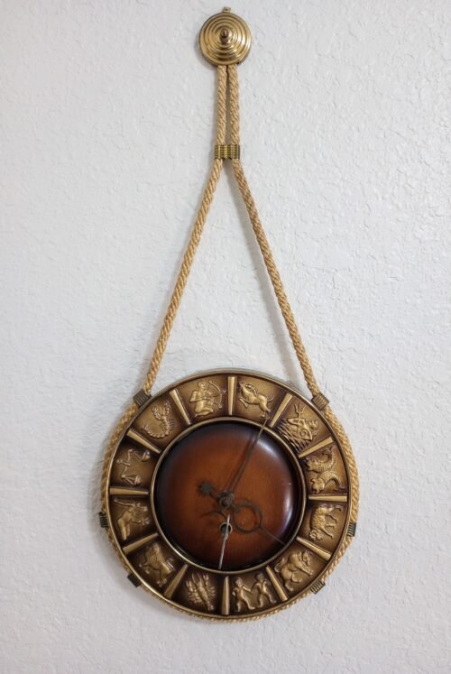 Unique Vintage Kitsch Brass/Wood/Jute Astrological Hanging Wall Clock 1960's