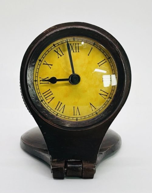 Unique Vintage Round Table Clock with Cover Hinged Brown Art Decor 4.5”