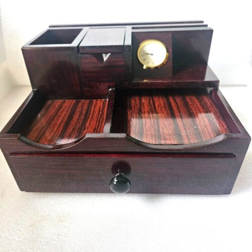 Unusual Vintage Mahogany Wood Desk Organizer w/Clock/Secret Drawer & Compartment