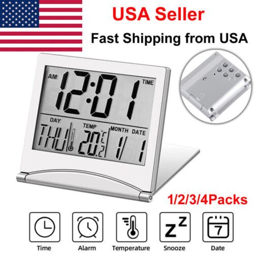 USA Digital Travel Alarm Clock Foldable Temperature LCD Clock Compact Desk Timer